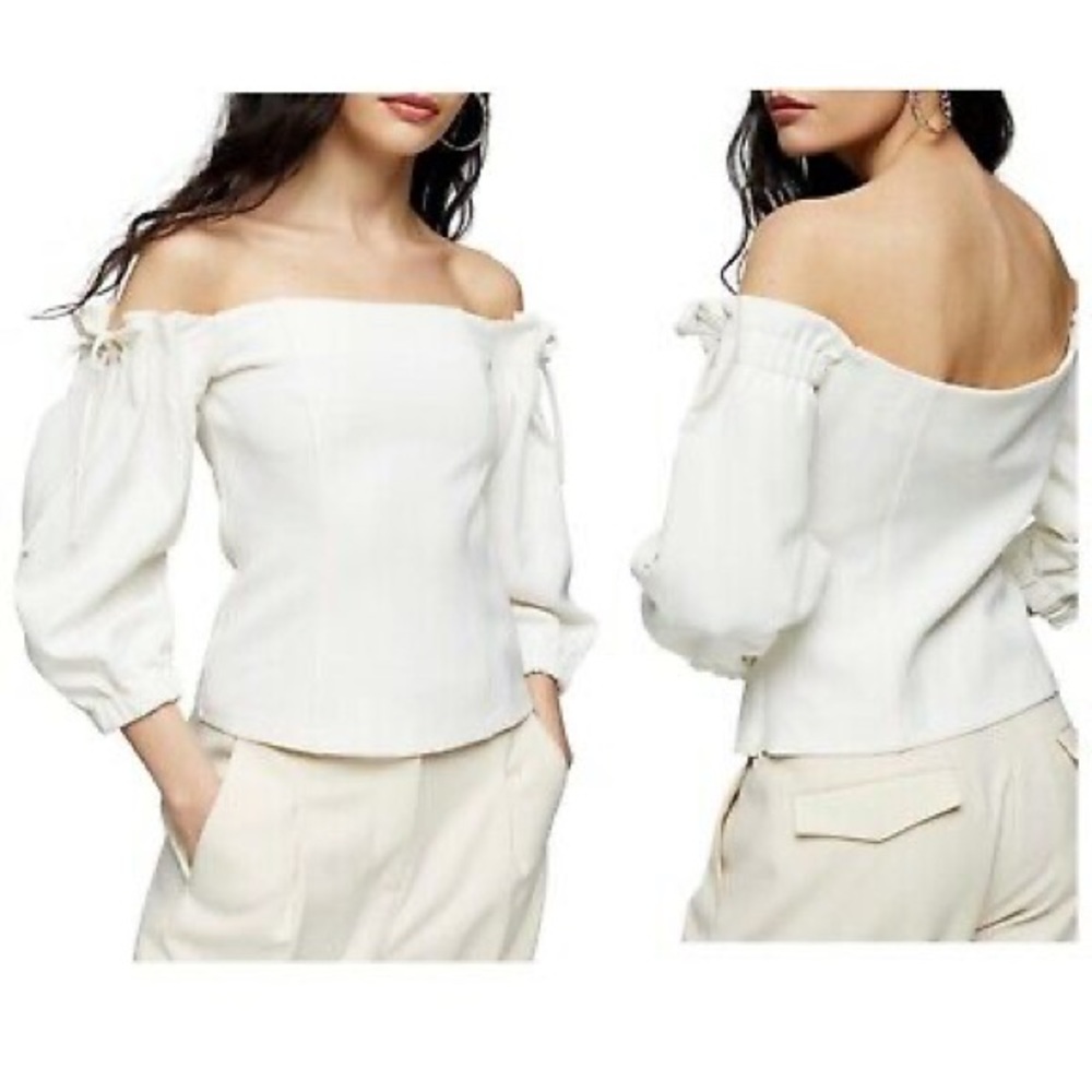 BLACK Tie Off The Shoulder Crepe Square Neck Zipper Bardot Blouse